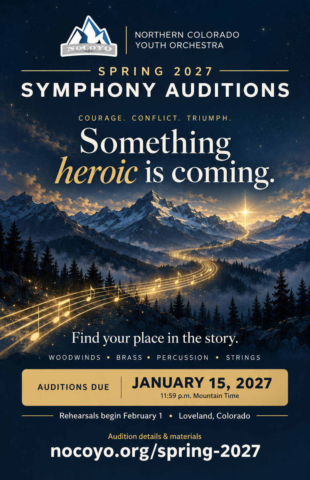 NoCoYO Spring 2027 Symphony Auditions: Something heroic is coming. A golden musical path winds through the mountains toward a star. Woodwinds, brass, percussion, and strings welcome.
